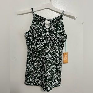 Women’s Kona Sol Flower Print High Neck Keyhole Tankini Top Dark Green